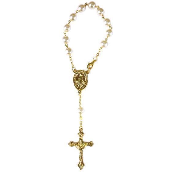 SINGLE DECADE AUTO ROSARY - GOLD WITH PEARL FINISHED GLASS BEADS
